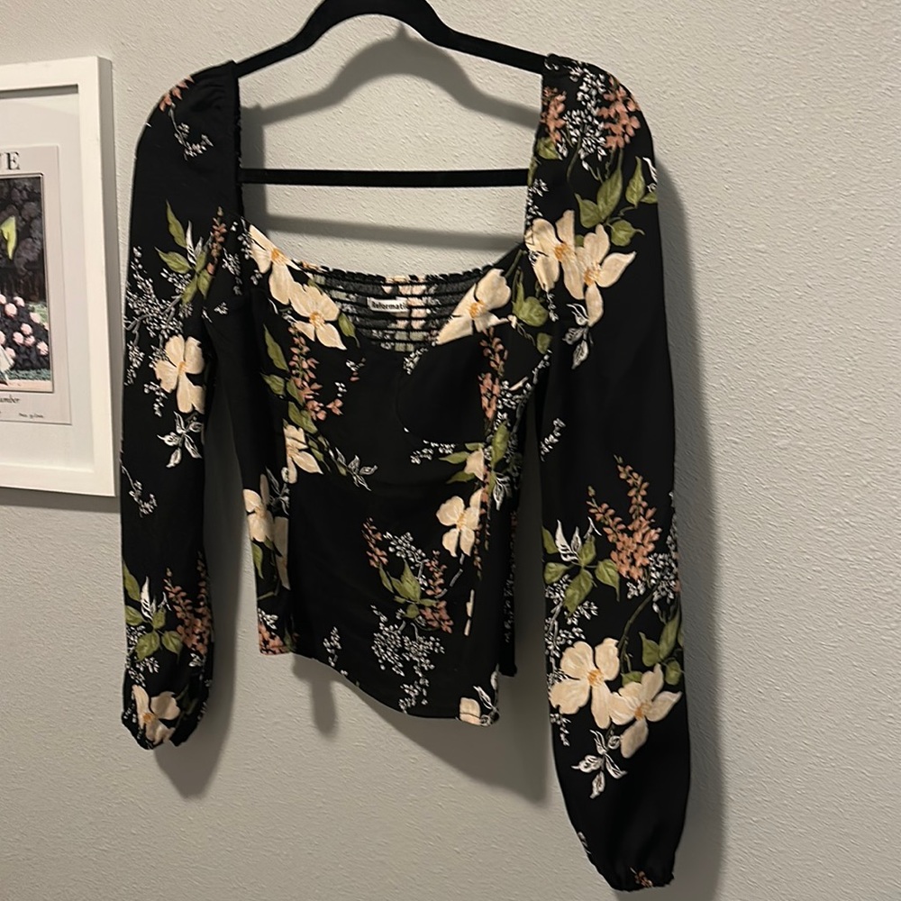 Reformation long sleeve blouse, floral / black, Size 6